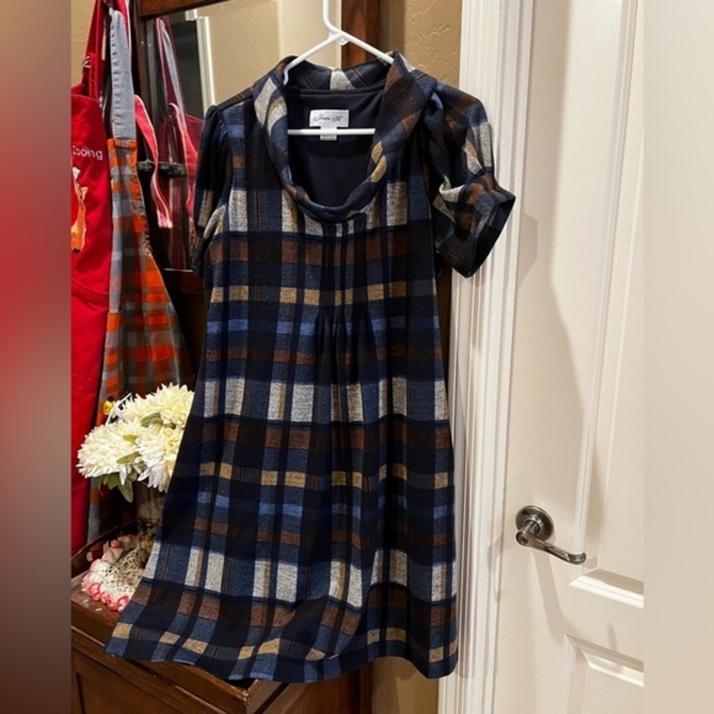 JH Collectibles Dress Women's Large Plaid Short Sleeve Cowl Neck Puff Sleeves